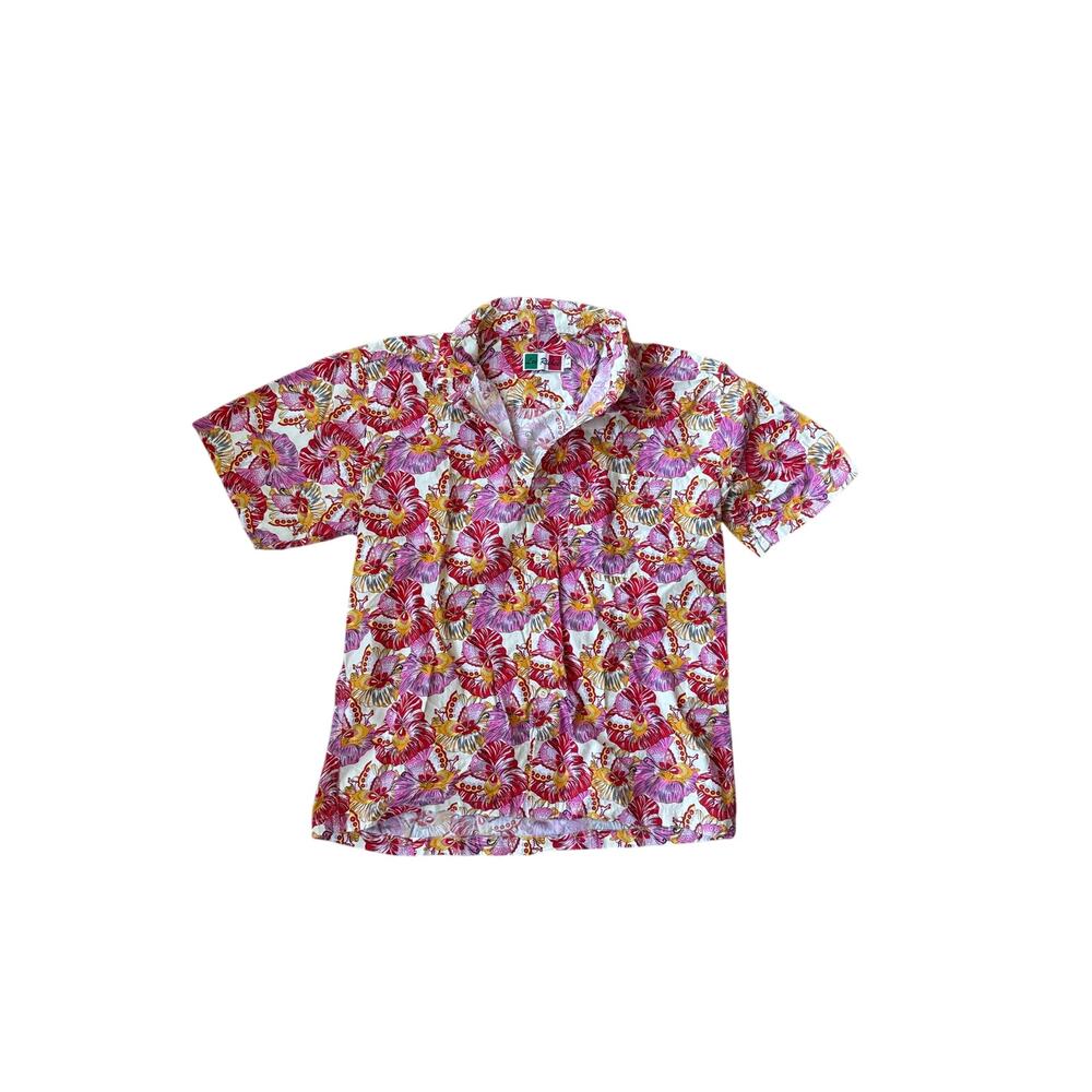 Lee Richee Shirt Mens L 100% Cotton Tropical Floral Hawaiian Button Up Pink